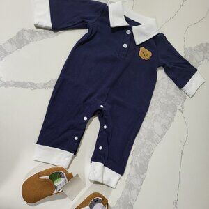 NEW Baby Boy 1-3M Blue Long Sleeve Suit Bear Outfit + Sneakers & Socks, Spring